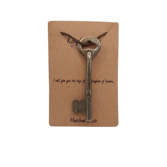 Skeleton Key Necklace Men Women Religious Jewelry Brown Faux Leather Cord #1 - Picture 8 of 14